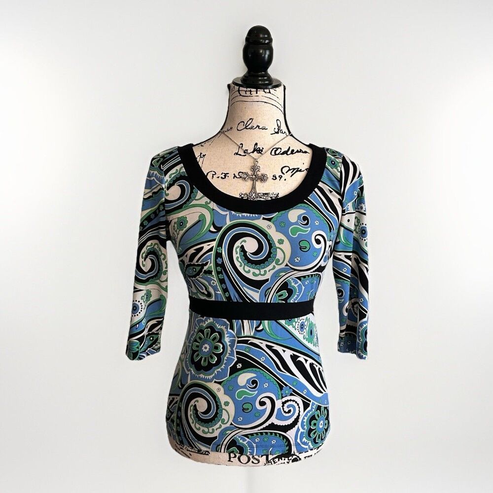 VTG Y2K New York & Company Blouse Size XS Stretch Scoop Neck Belt 3/4 Sleeve USA